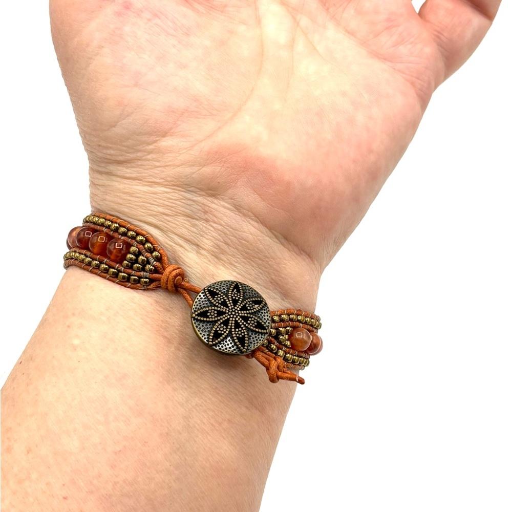 Hand Crafted Orange Fire Agate Cuff Bracelet with Floral Clasp - Picture 10 of 10